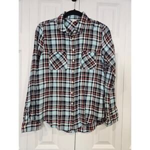 Aeropostale Womens Button Down Flannel L Blue Red Plaid Front Pocket Long Sleeve